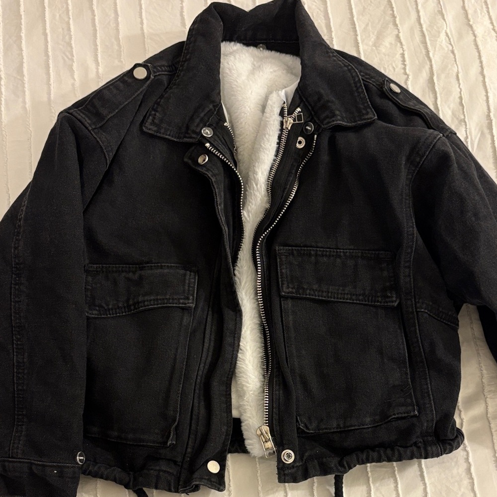 Black Denim Jacket with Sherpa Removable White Lining